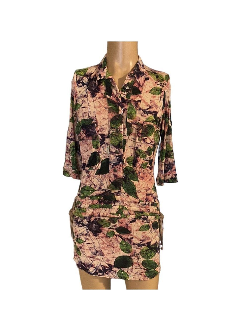 Pink and Green Fitted Button Down Shirt Dress with Notched Collar